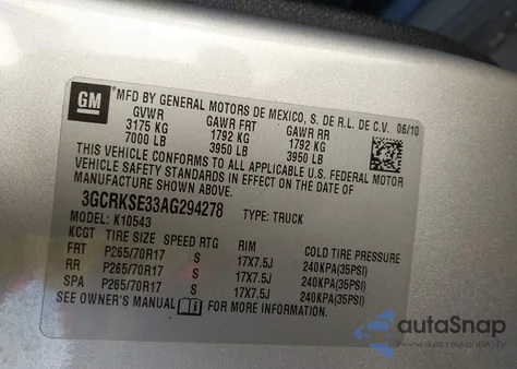 2010 Chevrolet Silverado 1500 Lt from USA, damaged, VIN 3GCRKSE33AG294278